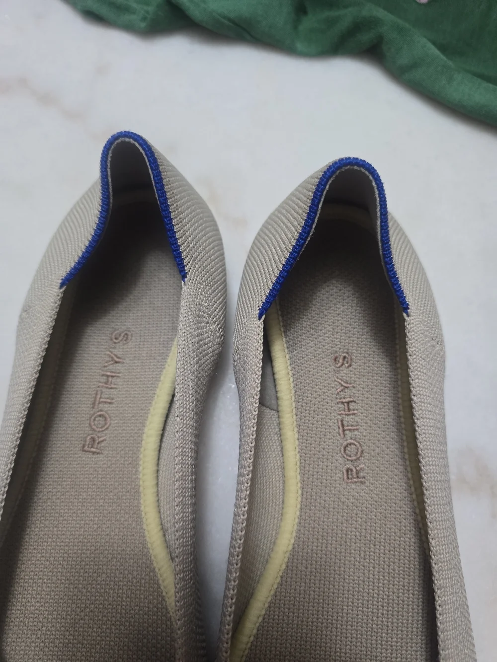 Rothy's Women's Pointed Knit Flats in Beige with Blue Trim